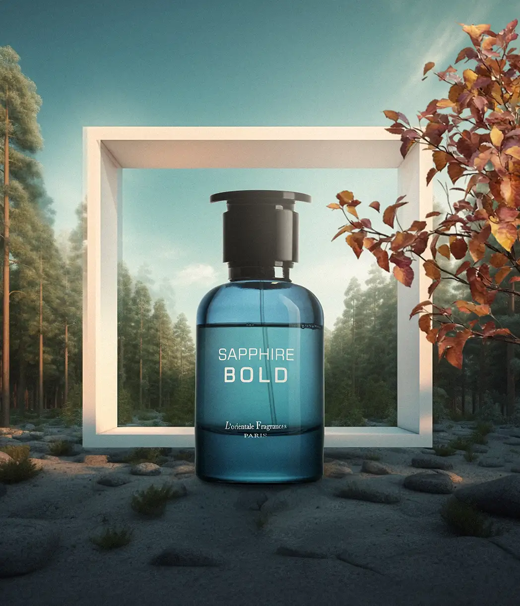 Sapphire Bold perfume by 3F Perfumes showcased outdoors, highlighting the product’s elegance and vibrant packaging in natural light.