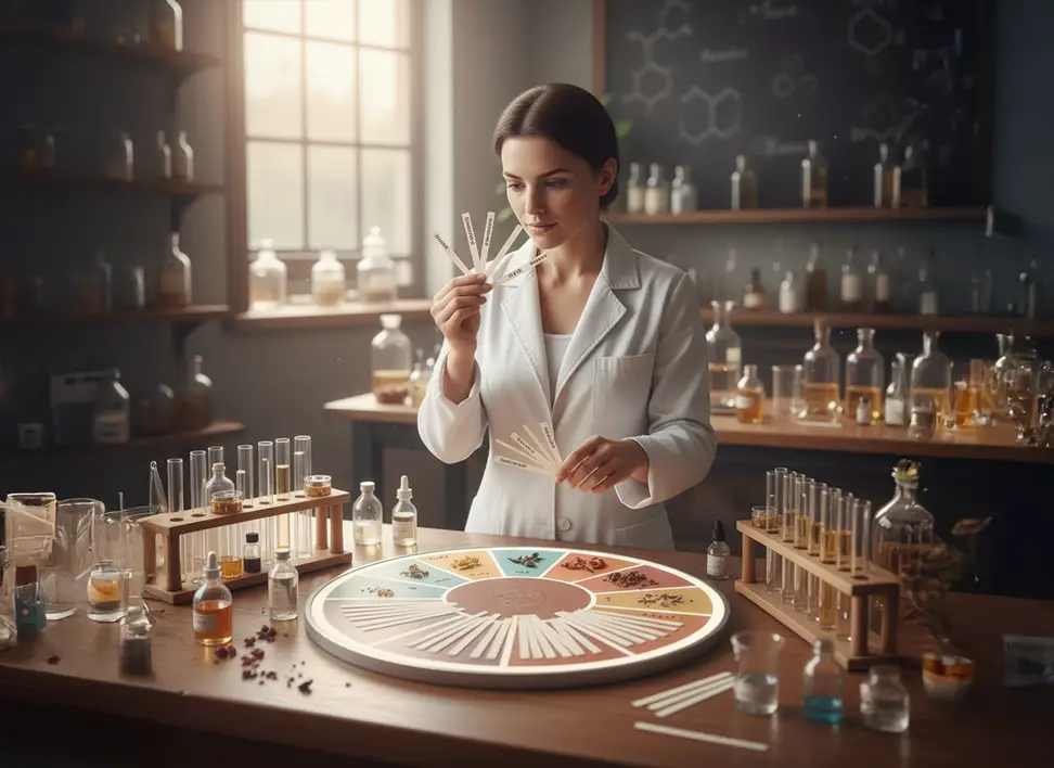 Custom Fragrance Formulation 4 A perfumer in a white lab coat carefully mixes ingredients with a dropper in a beaker, surrounded by bottles of essential oils and scent strips on a wooden workbench.