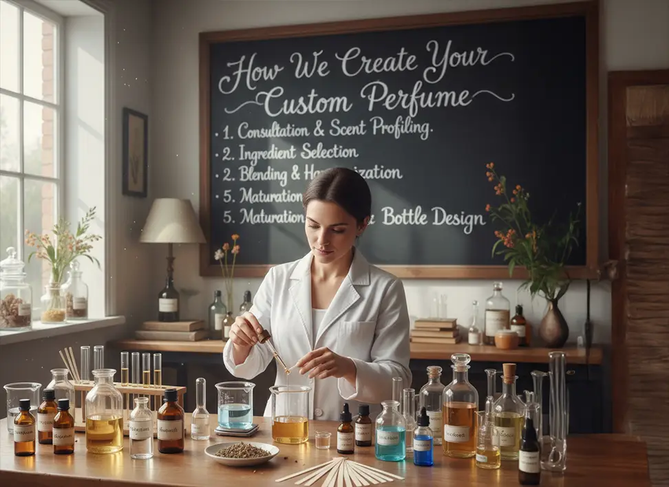 Custom Fragrance Formulation 3 A person is making special perfume in a room full of bottles and science tools.