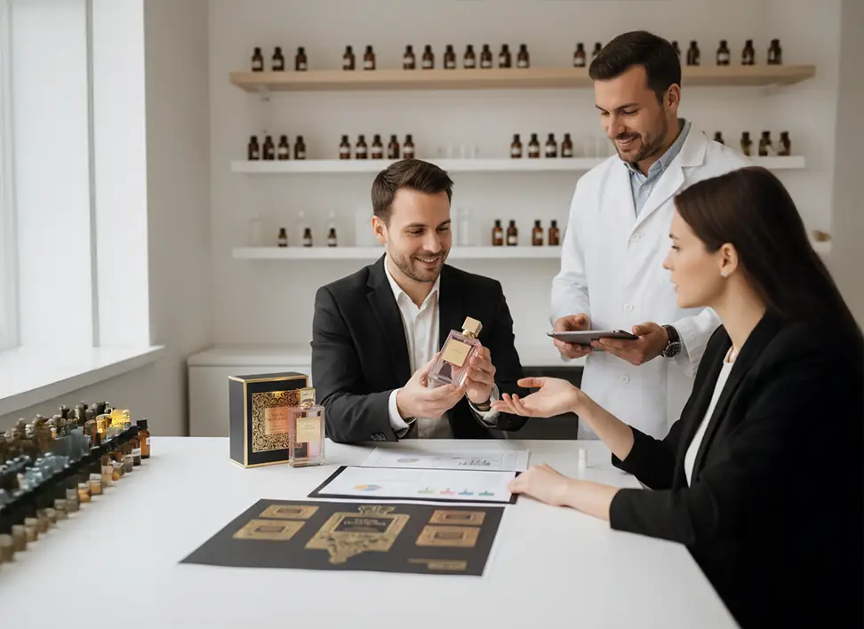 Sample Developments & Process 6 Client inspecting and approving the final perfume sample prior to bulk production