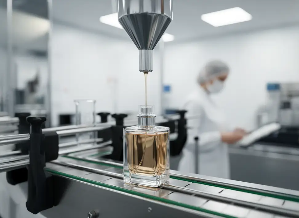 Close-up of fragrance filling in one bottle, highlighting a clean and accurate bottling procedure
