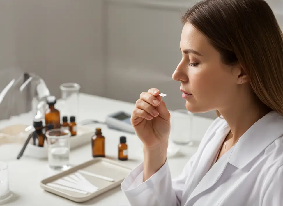 Perfume Testing and Quality Control 3 Close-up of perfume leaf being smelled, highlighting sensory testing for perfume quality.