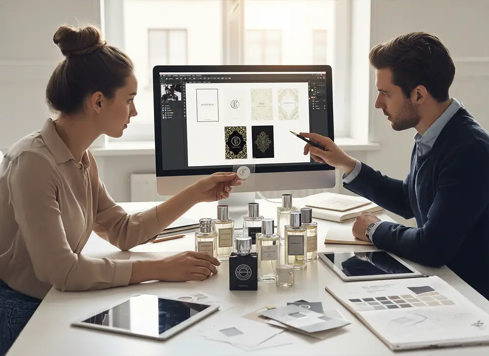 Labeling and Printing 3 Designers collaborating on bespoke perfume label designs matching product style and packaging finishes