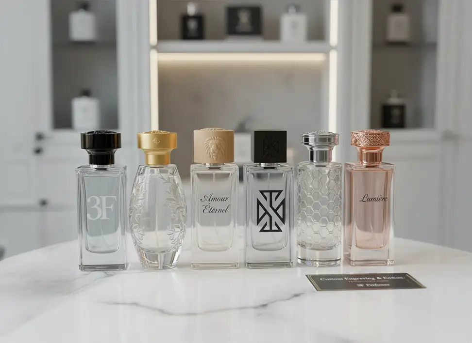 Different branded perfume bottles with unique engraved and embossed details for a premium look.