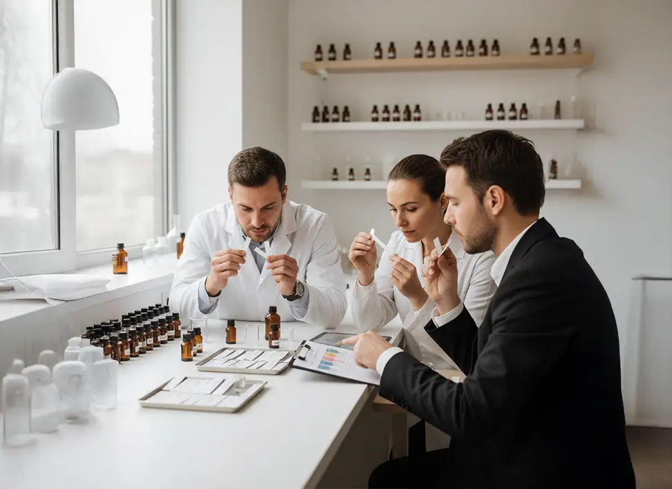 Evaluation team smelling perfume test strips to ensure optimal scent quality before final approval