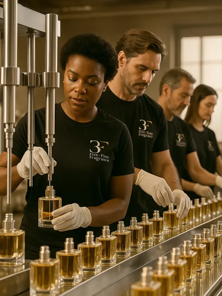 Our Commitments | 3F Perfumes Private Label Expertise 2 Experts at 3F Perfumes carefully filling bottles, showcasing our commitment to quality perfume manufacturing in the UAE
