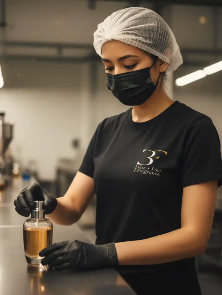 Our Commitments | 3F Perfumes Private Label Expertise 4 Factory employee placing caps on perfume bottles, highlighting 3F Perfumes’ expertise and innovation in perfume manufacturing in the UAE.