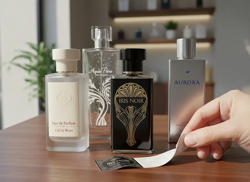Four perfume bottles with elegant and premium printed labels in glossy, matte, metallic, and transparent finishes.
