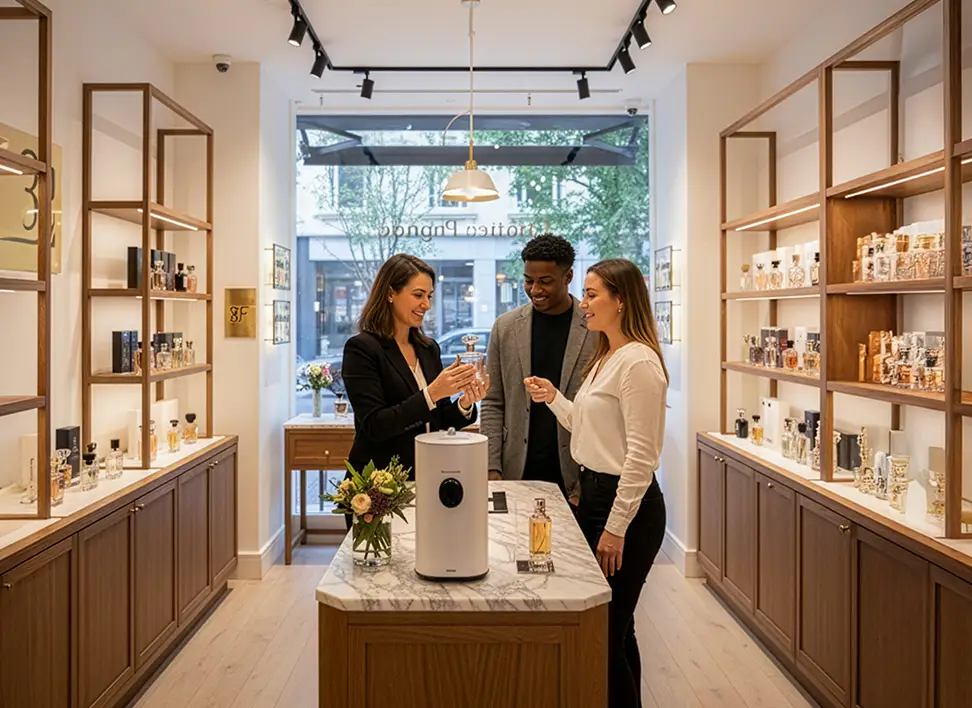 Custom Fragrance Formulation 5 Group of customers evaluating perfumes together in store, reflecting trust in 3F Perfumes.