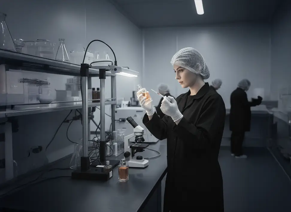 Individual examining perfume bottle to ensure fragrance product integrity and authenticity
