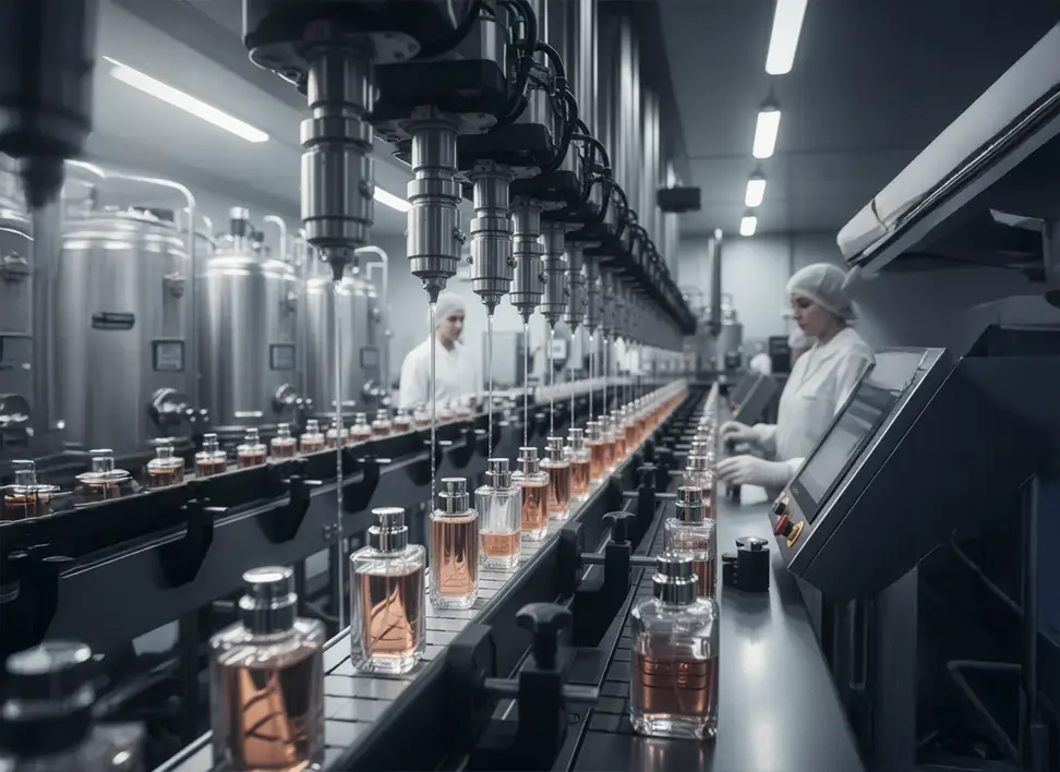 Perfume bottles being filled on a factory production line, illustrating the filling process.