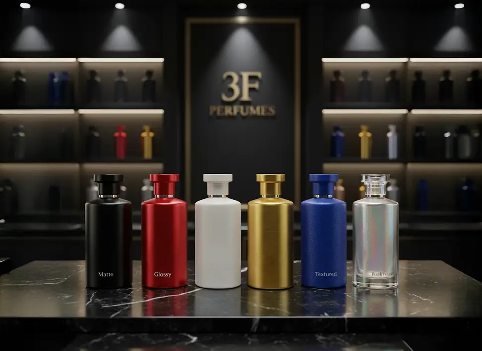 Perfume bottles with matte, glossy, frosted, metallic, pearl, and textured decorative coatings.