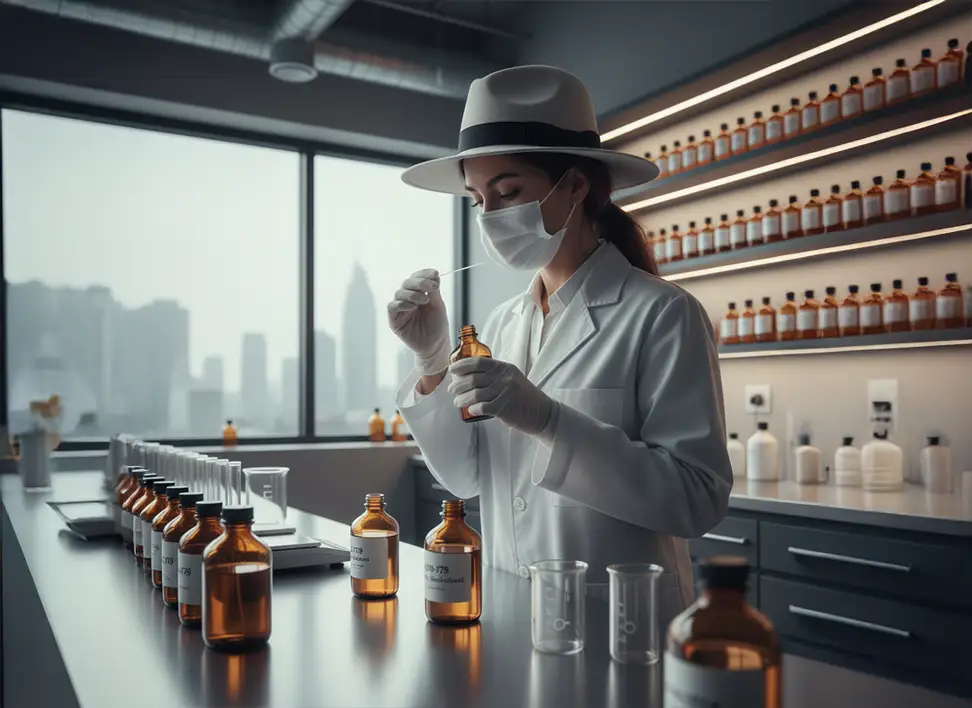 Perfume chemist evaluating fragrance samples for quality control in laboratory environment.