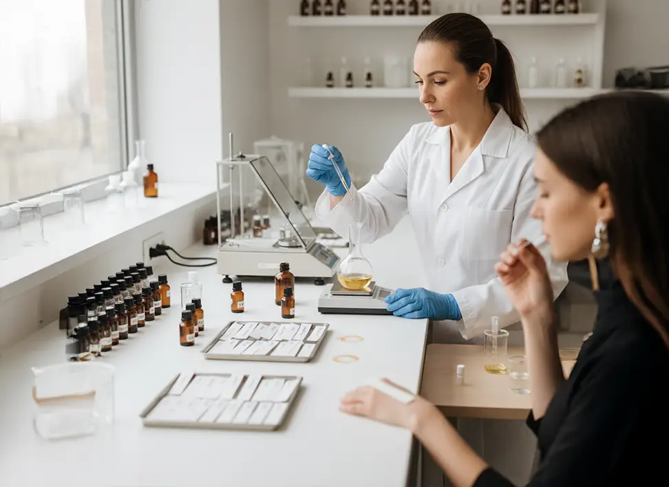 Sample Developments & Process 3 Perfume professional preparing an initial fragrance sample for client testing and review