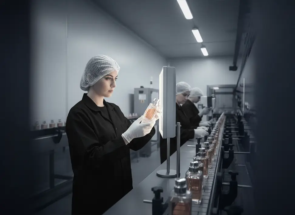 Perfume quality control test conducted by staff inside manufacturing facility