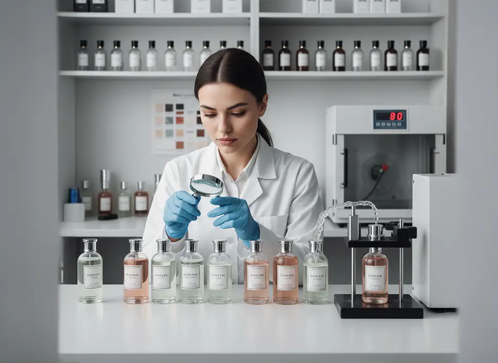 Labeling and Printing 5 Person inspecting perfume bottle labels to verify color accuracy adhesion and durability for quality assurance
