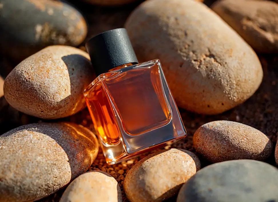 Custom Perfume Development 4 Plain glass perfume bottle with black cap, filled with fragrance, representing our diverse client partnerships.