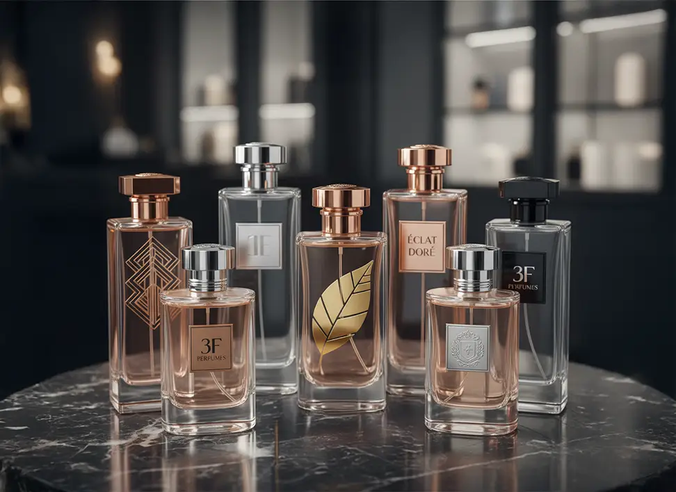 Selection of bottles displaying foiled logos, text, and decorative patterns for an elegant look.