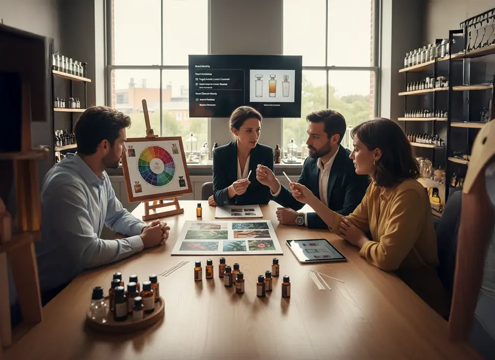 Sample Developments & Process 2 Team discussion about bottle design and scent preferences before developing a perfume sample.