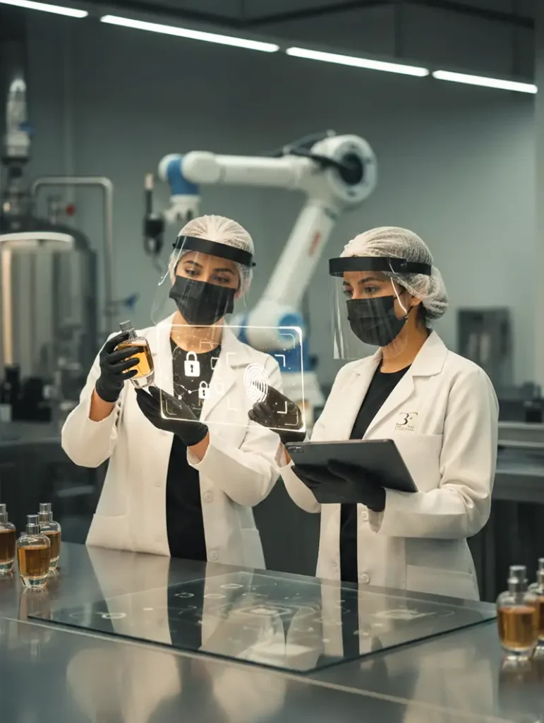Our Commitments | 3F Perfumes Private Label Expertise 5 Two professionals holding perfume bottles, symbolizing trusted privacy and secure handling of proprietary fragrance creations at 3F Perfumes UAE.