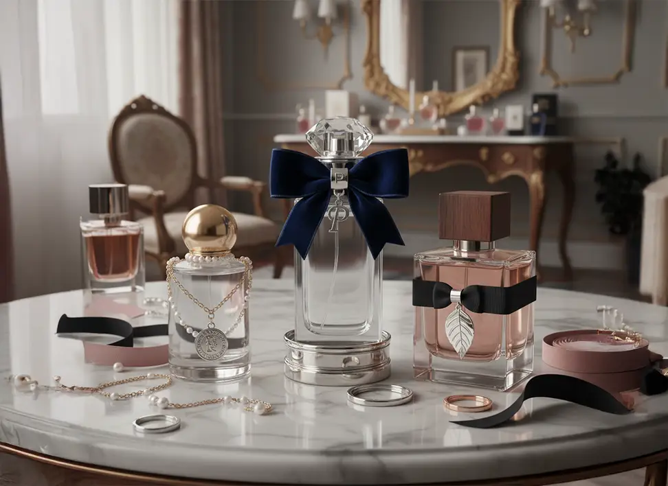 Various bottles featuring luxury accessories like decorative closures and embellishments