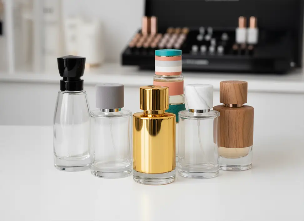 Various perfume bottles displaying diverse cap finishes such as glossy, matte, metallic, marble, and wooden.