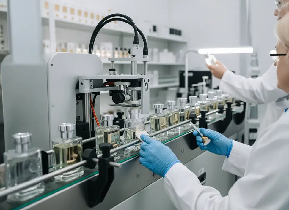 Labeling and Printing 4 Workers ensuring accurate label placement on bottles for consistent, professional finishing