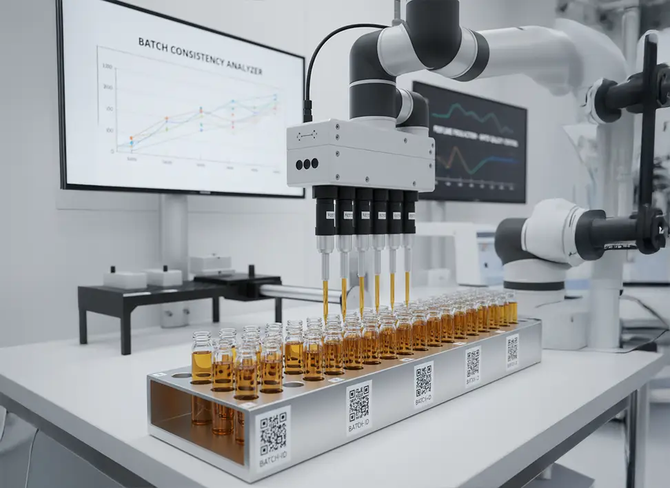Perfume Testing and Quality Control 4 performing batch consistency checks in perfume manufacturing laboratory.