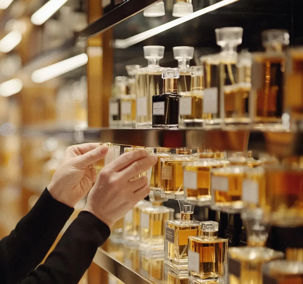 Client selecting perfumes from display stands at a UAE perfume supplier facility, representing flexible MOQ options offered to businesses by perfume suppliers in the region.