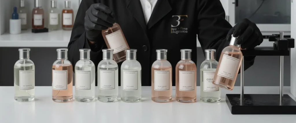 Perfumer inside a UAE perfume manufacturing factory arranging bottles for fragrance testing, showcasing the craftsmanship and precision of perfume manufacturers in the UAE