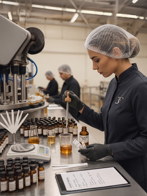 Our professional team crafting custom fragrances in a modern perfume manufacturing facility